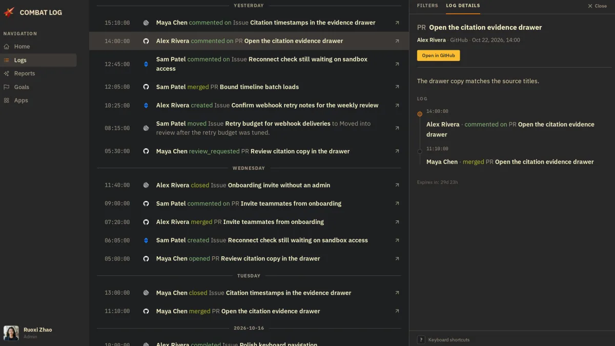 The Logs timeline of GitHub and Linear activity, with one log's details open on the side